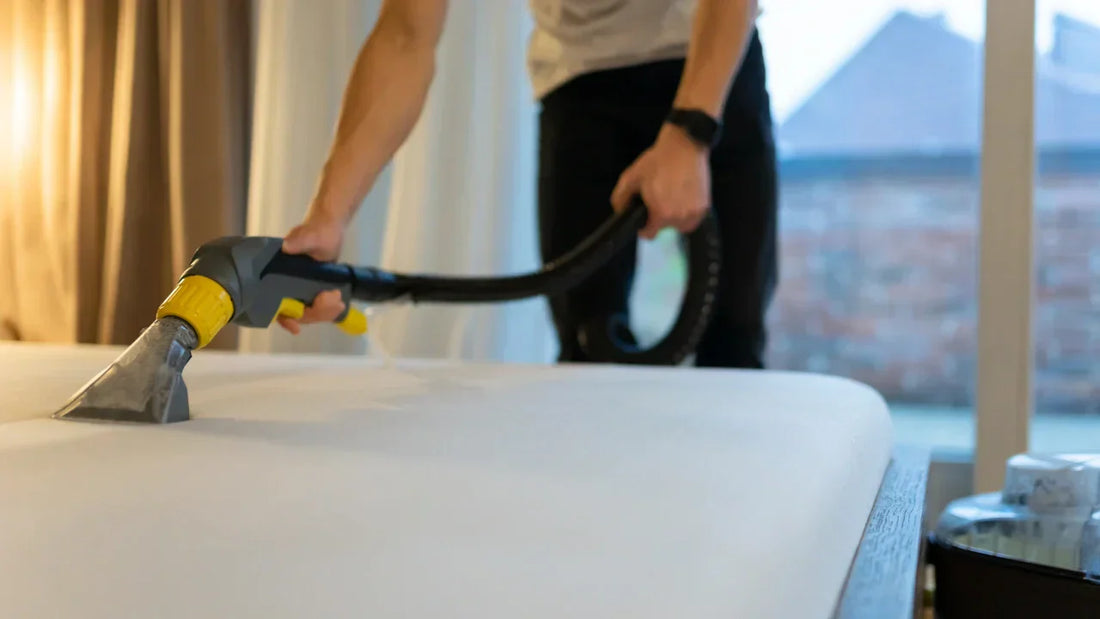 a man stood over a bed holding a hoover and hoovering the surface of the mattress