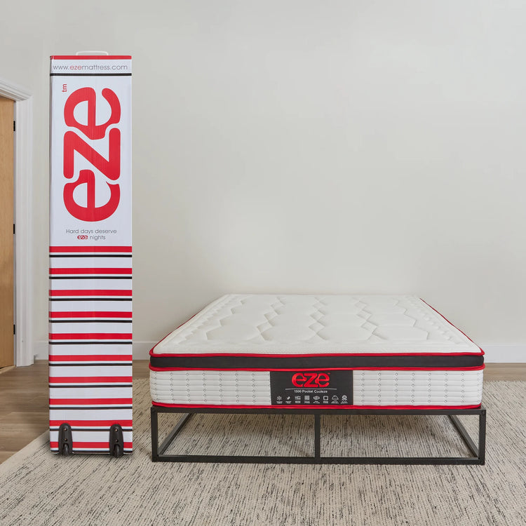 Eze mattress with packaging in a room setting