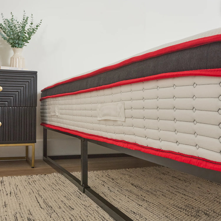 Mattress on a bed frame in a bedroom setting with a plant and dresser.
