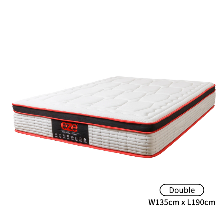 White mattress with red border and 'EZE' branding on a white background