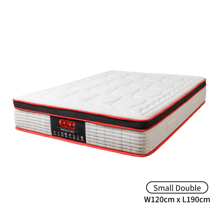 White mattress with red border and 'eze' logo on a white background