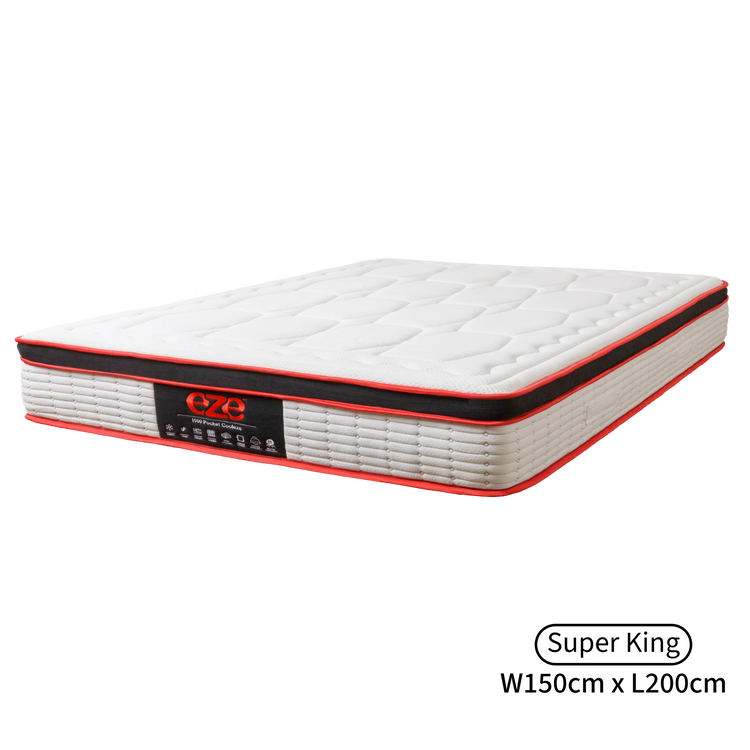 White mattress with red border and 'eze' branding on a white background