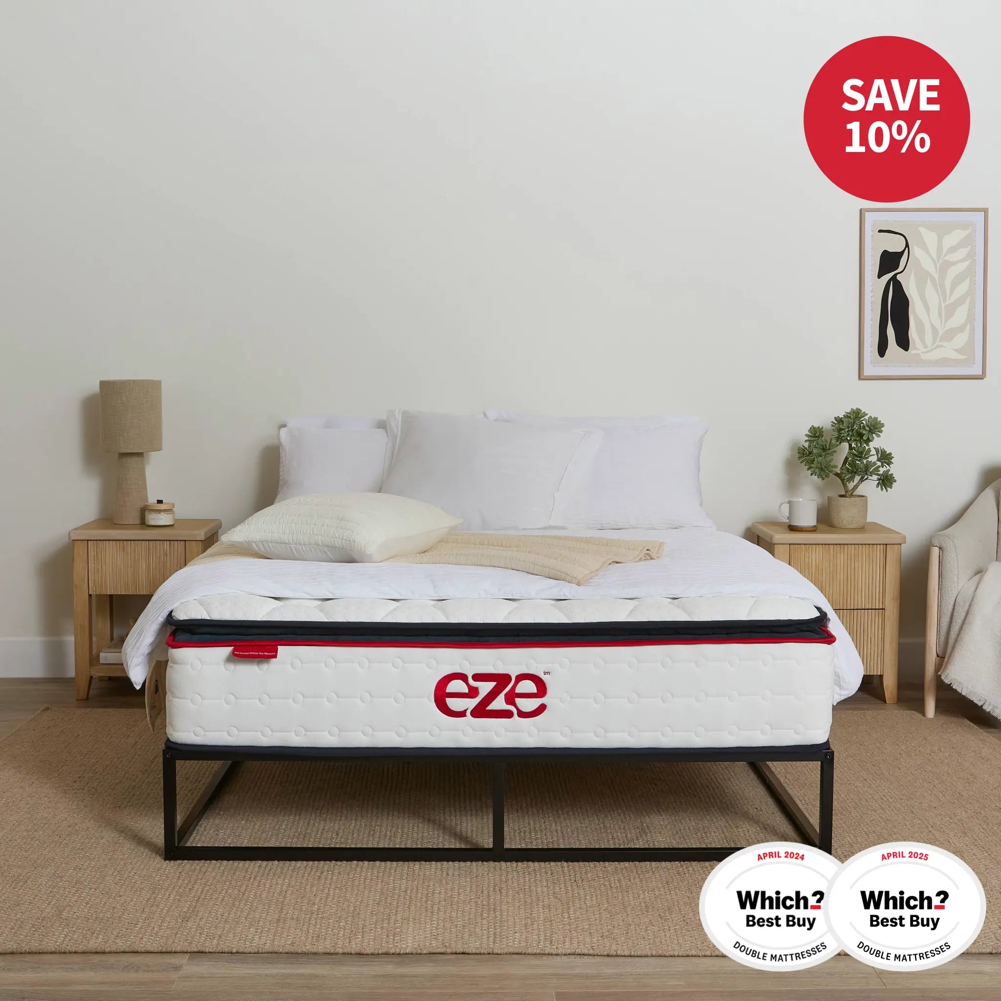 eze mattress in a bedroom setting with 'Save 10%' and 'Which? Best Buy'
