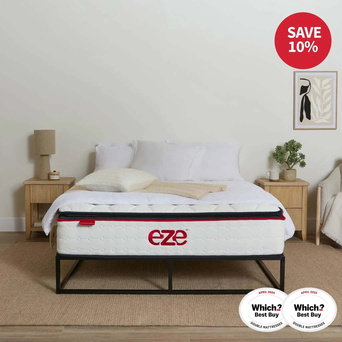 eze mattress in a bedroom setting with 'Save 10%' and 'Which? Best Buy'