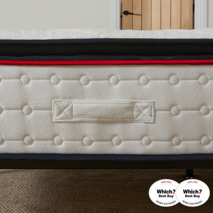 Mattress with a visible brand logo on a bed frame, featuring 'Which?' Best Buy certification and close up of handles