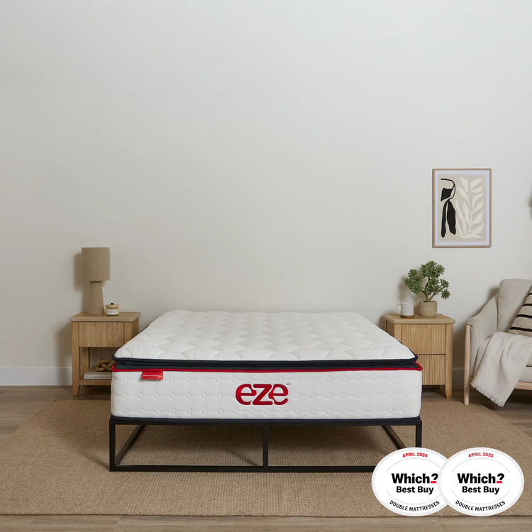Mattress with 'eze' branding in a bedroom setting