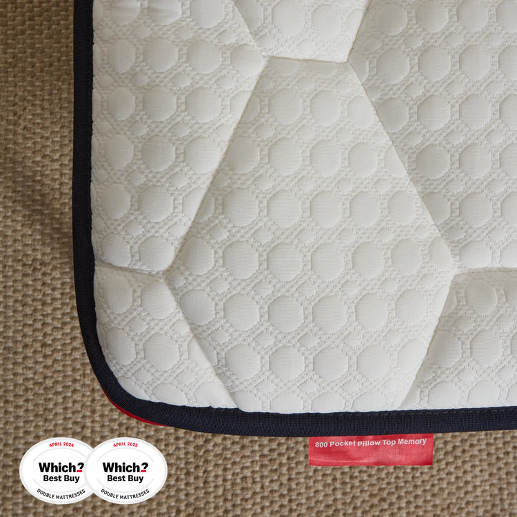 Close-up of a mattress with a hexagonal pattern and 'Which?' Best Buy labels on a brown surface.