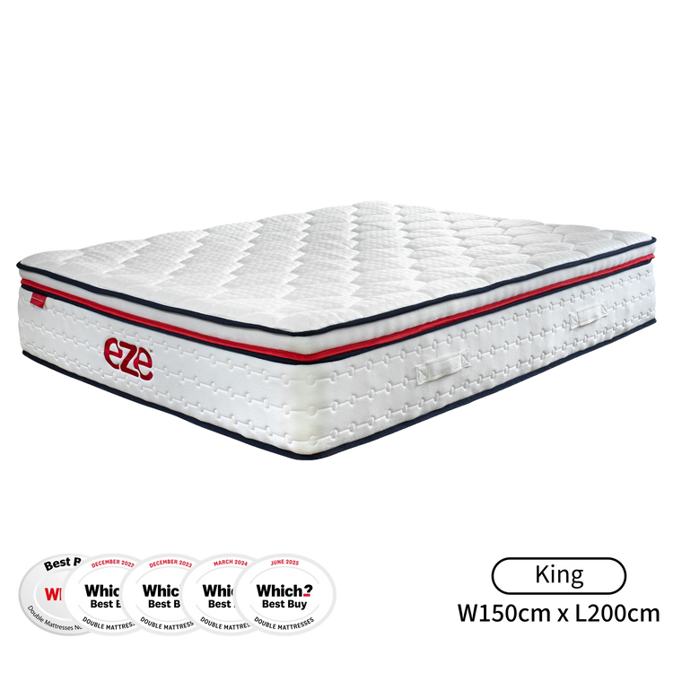 White mattress with red accents and 'Eze' branding on a white background