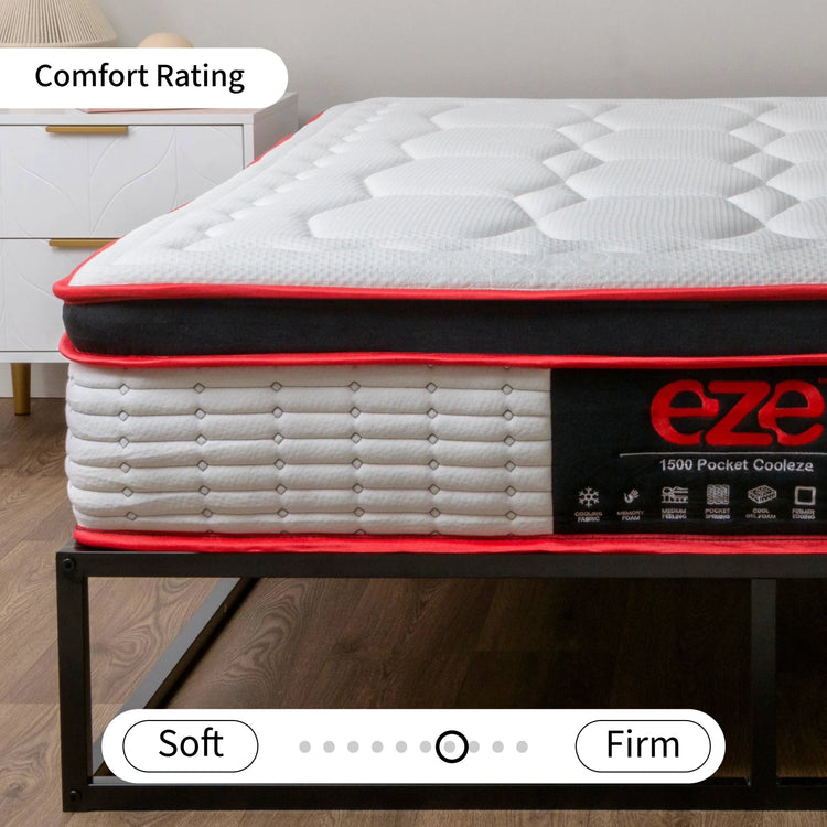 eze Mattress with red border and 'eze' branding on a wooden floor.