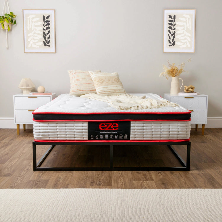 Cooleze™ Hybrid Platinum Mattress with 'eze' branding in a bedroom setting