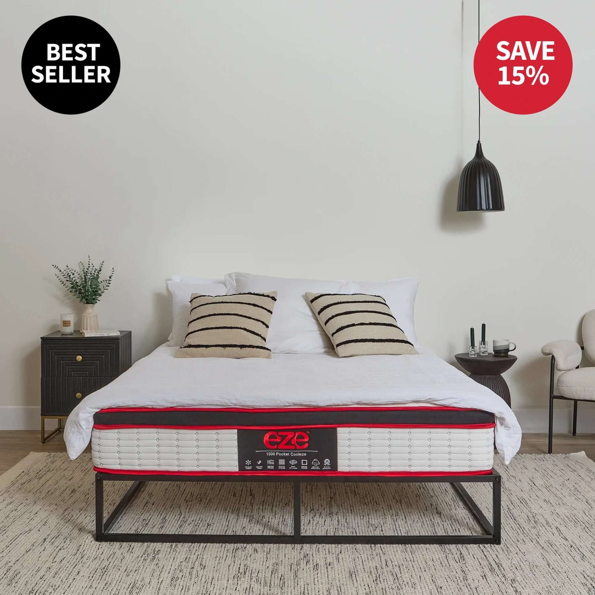 Eze mattress on a bed with 'Best Seller' and 'Save 15%' text in a bedroom setting.