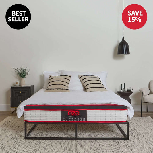 Eze mattress on a bed with 'Best Seller' and 'Save 15%' text in a bedroom setting.