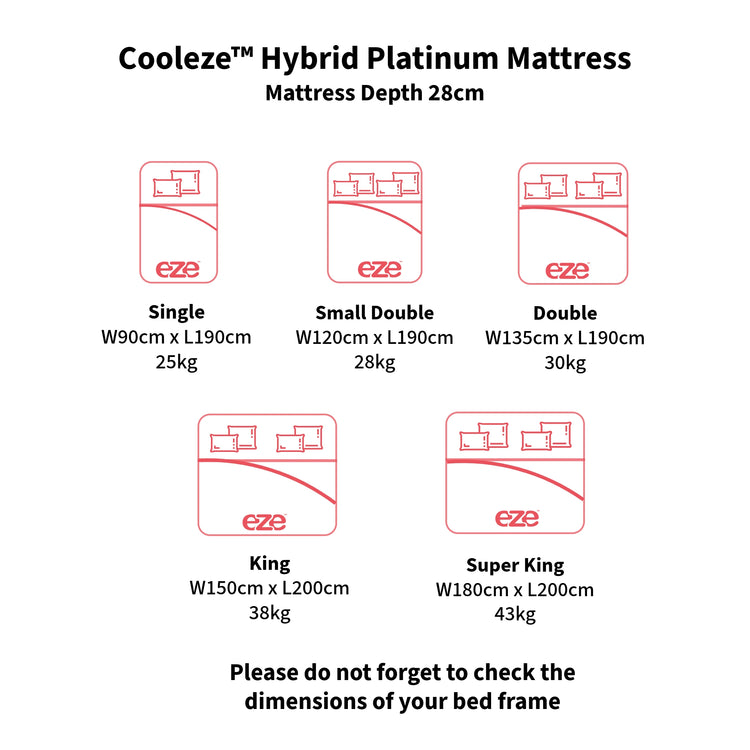 Cooleze Hybrid Platinum Mattress dimensions chart on a white background