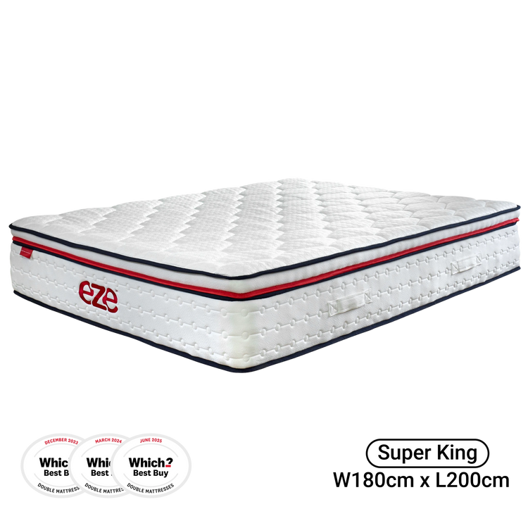 White mattress with red and blue accents on a white background, featuring the Eze brand.