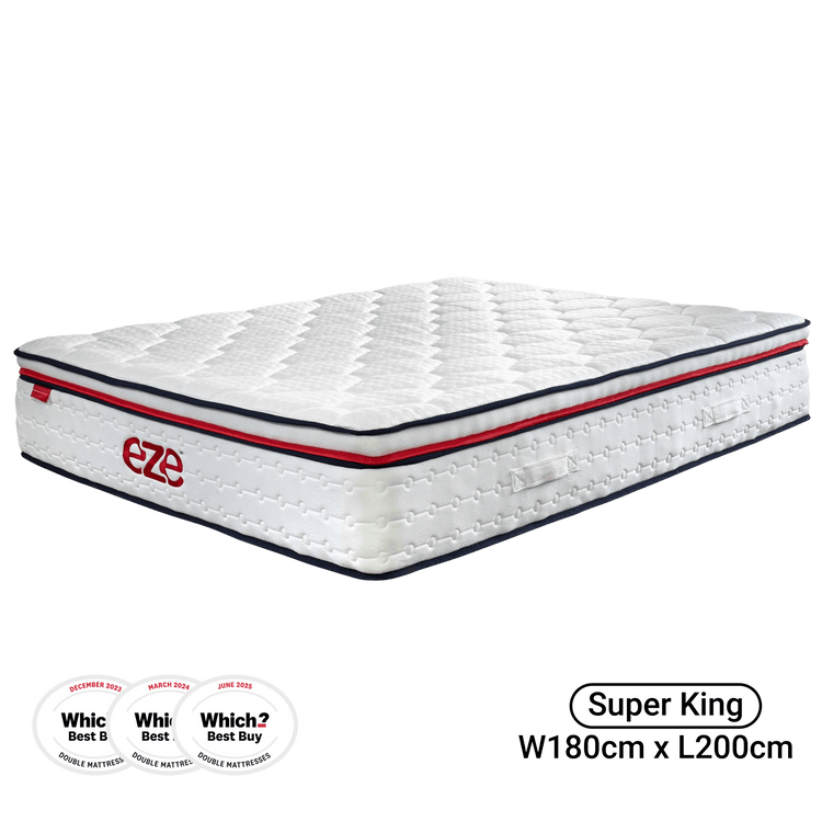 White mattress with red and blue accents on a white background, featuring the Eze brand.