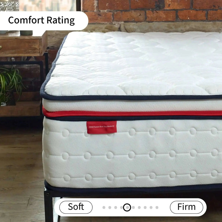 eze™ Hybrid Max Mattress - eze Mattress UK | Which Best Buy 2023 shown on a black metal bed frame with quilted top and red trim. Comfort rating slider indicates medium firmness.