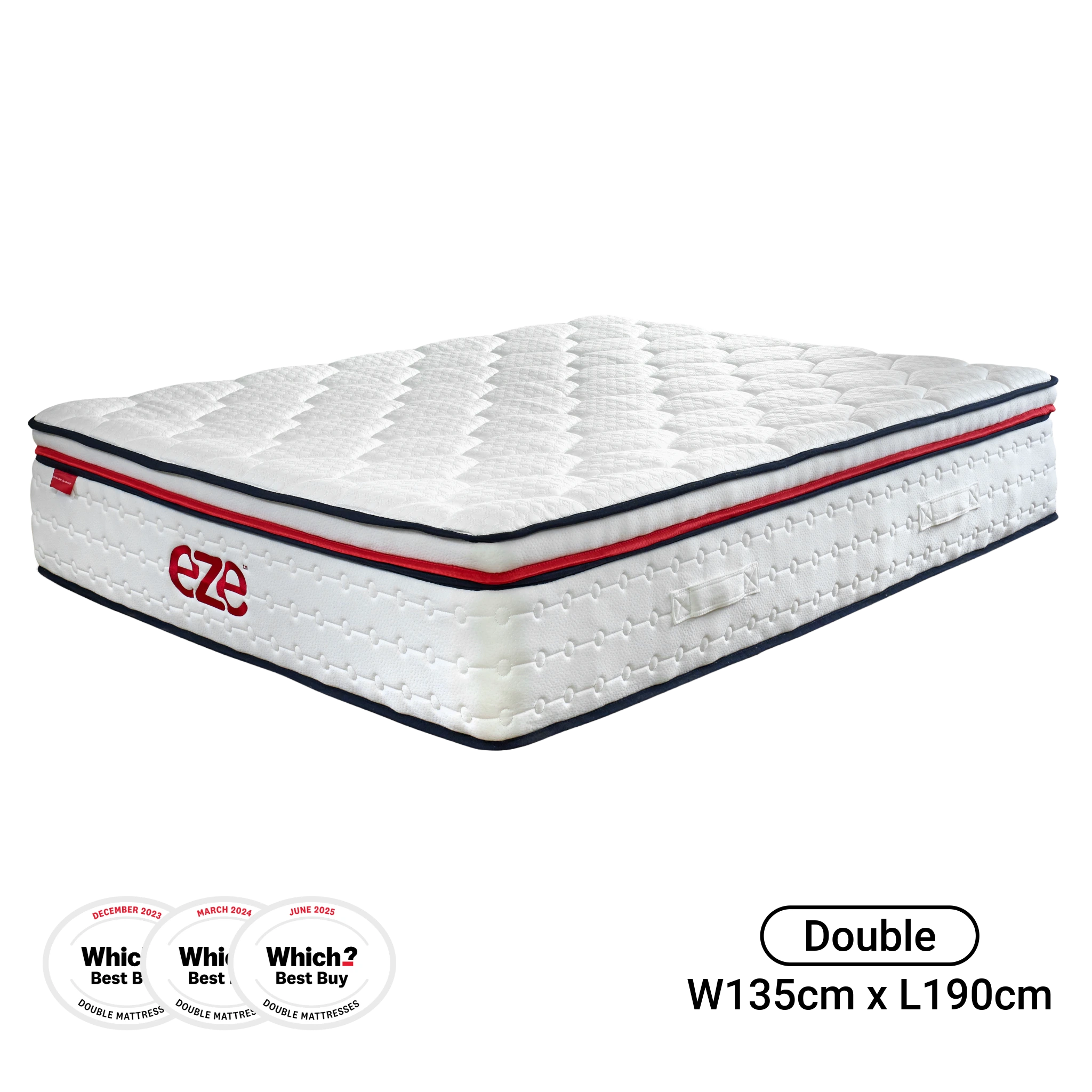 White mattress with red and blue accents on a white background, featuring the Eze brand.