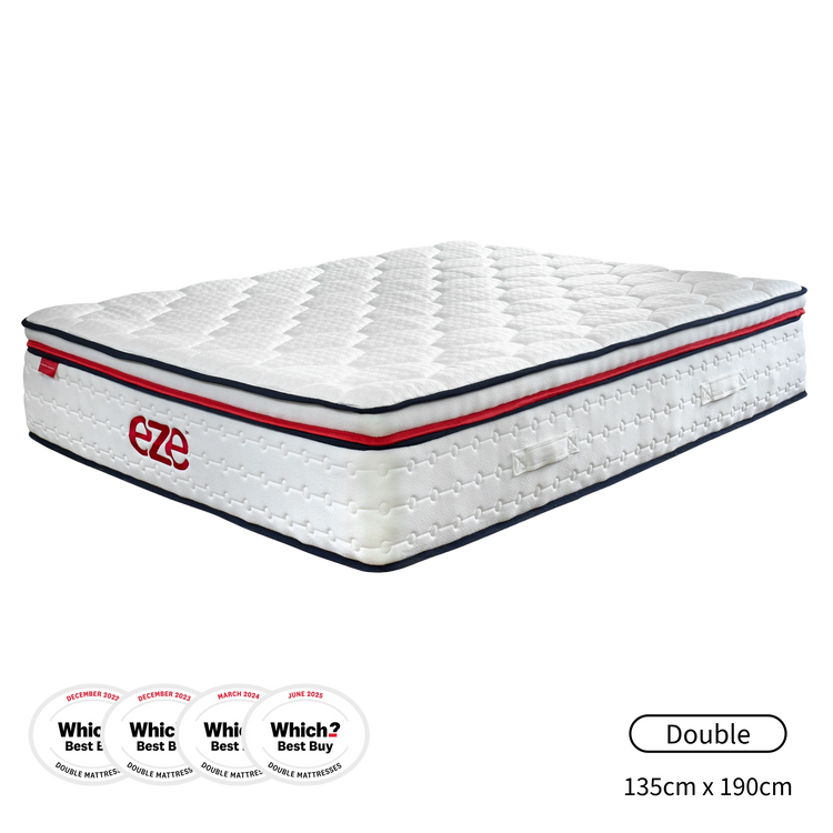 White mattress with red and blue accents on a white background, featuring the Eze brand.