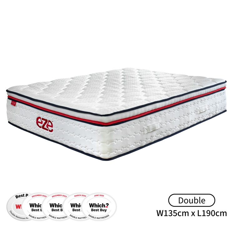 White mattress with red and blue accents on a white background, featuring the Eze brand.