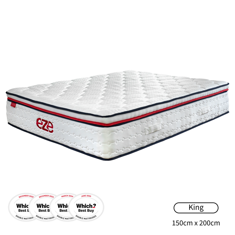 White mattress with red accents and 'Eze' branding on a white background and four which logos