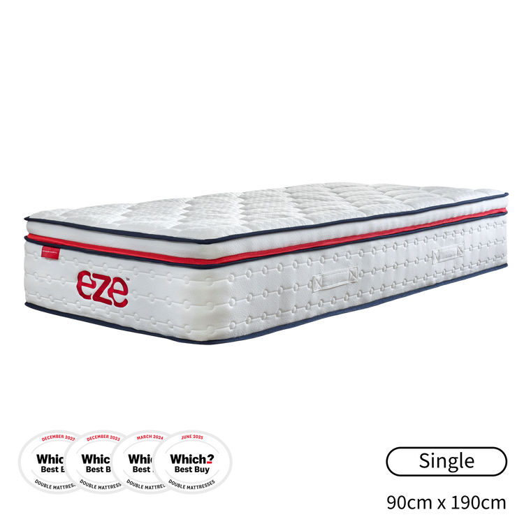 eze White mattress with red and blue accents on a white background, featuring the brand 'eze' and fourwhich logos