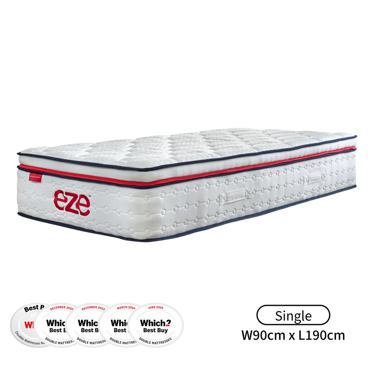 White mattress with red and blue accents on a white background, featuring the brand 'eze'.