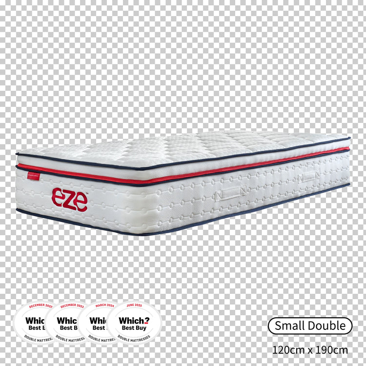 White mattress with red and blue accents on a transparent background, featuring the Eze brand and four which logos