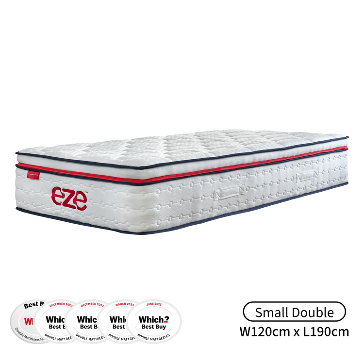 White mattress with red and blue accents on a white background, featuring the Eze brand.