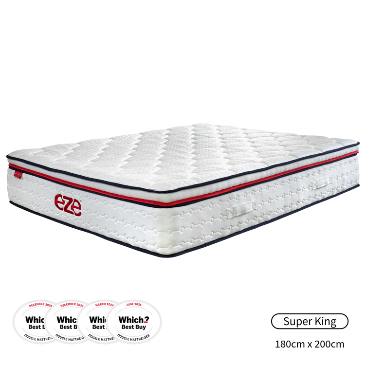 White mattress with red and blue accents and Eze branding on a white background and four which logos