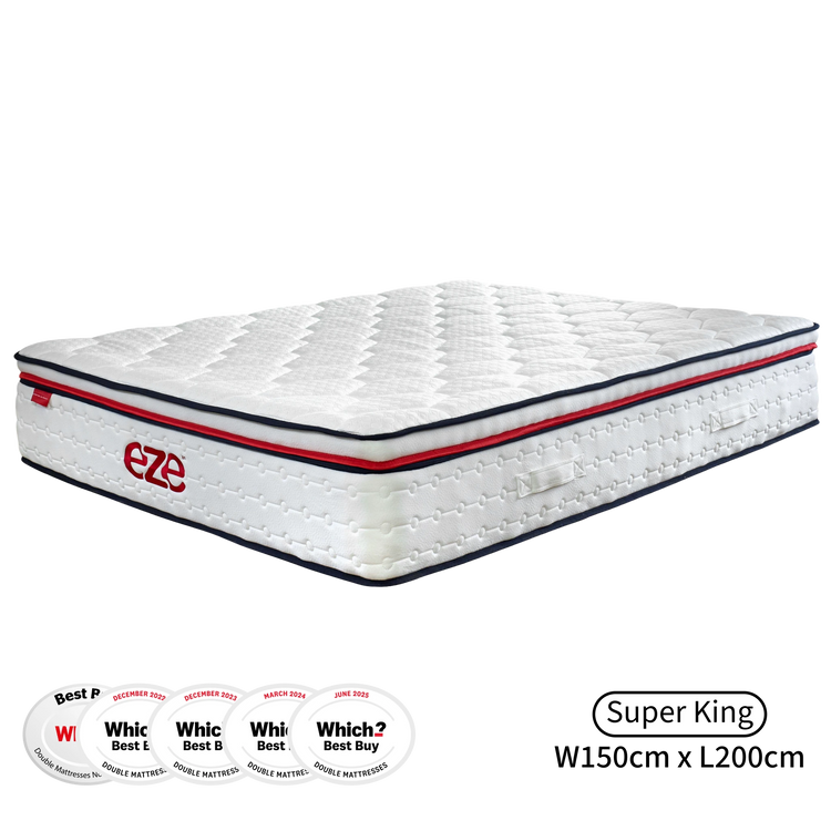 White mattress with red and blue accents on a white background, featuring the Eze brand.