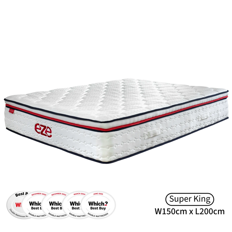 White mattress with red and blue accents on a white background, featuring the Eze brand.