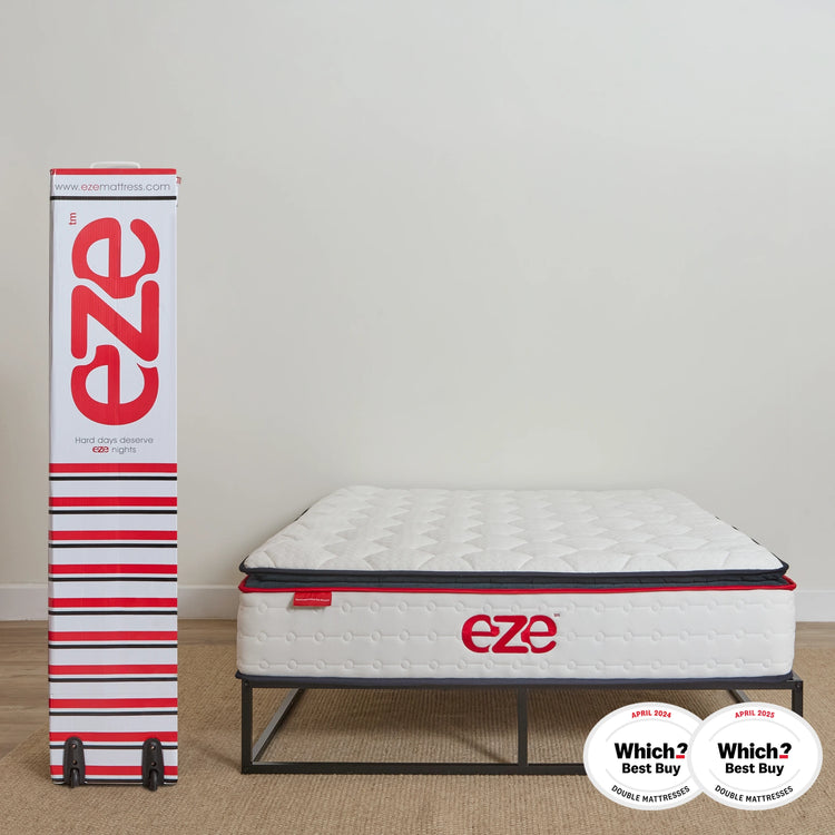 Eze mattress with packaging and 'Which?' Best Buy badges on a plain background