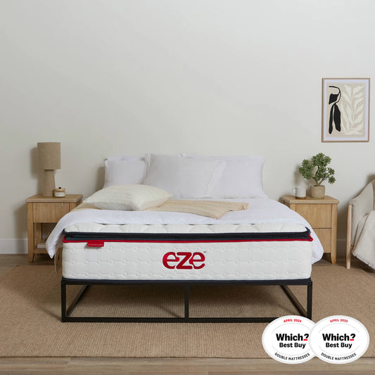 eze hybrid ultra mattress in a styled neutral bedroom