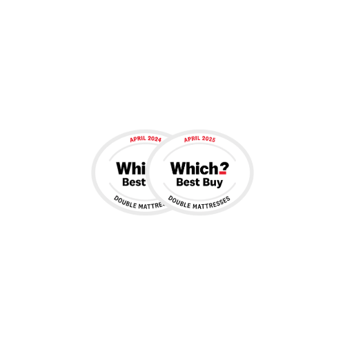 Two 'Which?' Best Buy labels for double mattresses on a white background