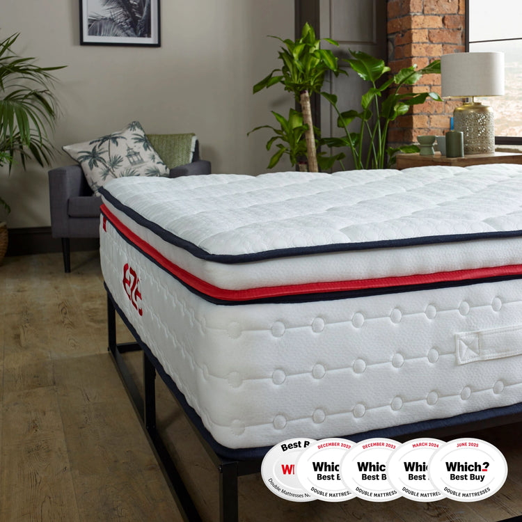 eze hybrid max mattress close up of the side and the handle with which logos