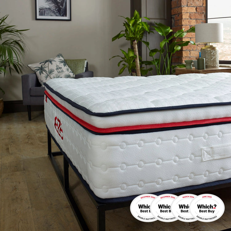 eze hybrid max mattress close up of the side and the handle with which logos