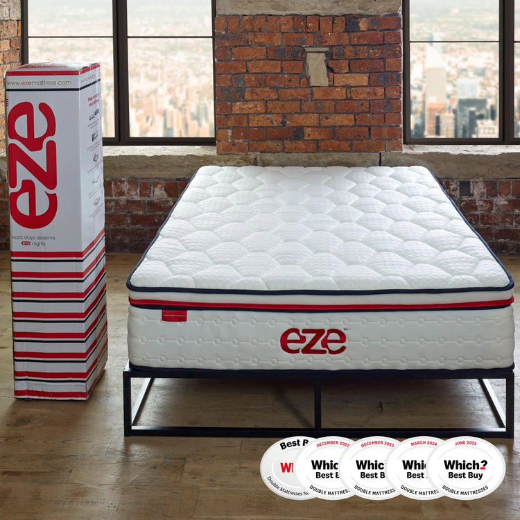 eze™ Hybrid Max Mattress on black metal bed frame in loft-style bedroom with brick walls. Awarded Which? Best Buy 2023 for double mattresses.