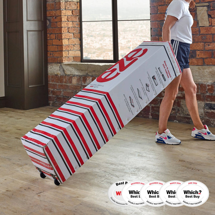 eze™ Hybrid Max Mattress - eze Mattress UK | Which Best Buy 2023 in a compact box with wheels, ideal for easy transport and setup in any room.
