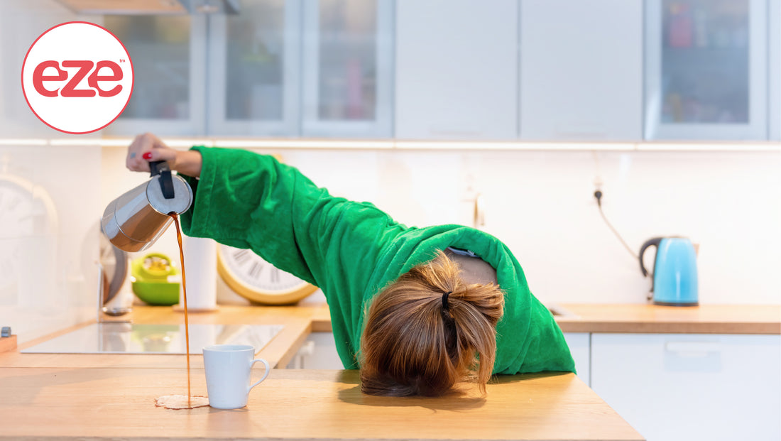 women_asleep_on_kitchen_counter_pouring_coffee