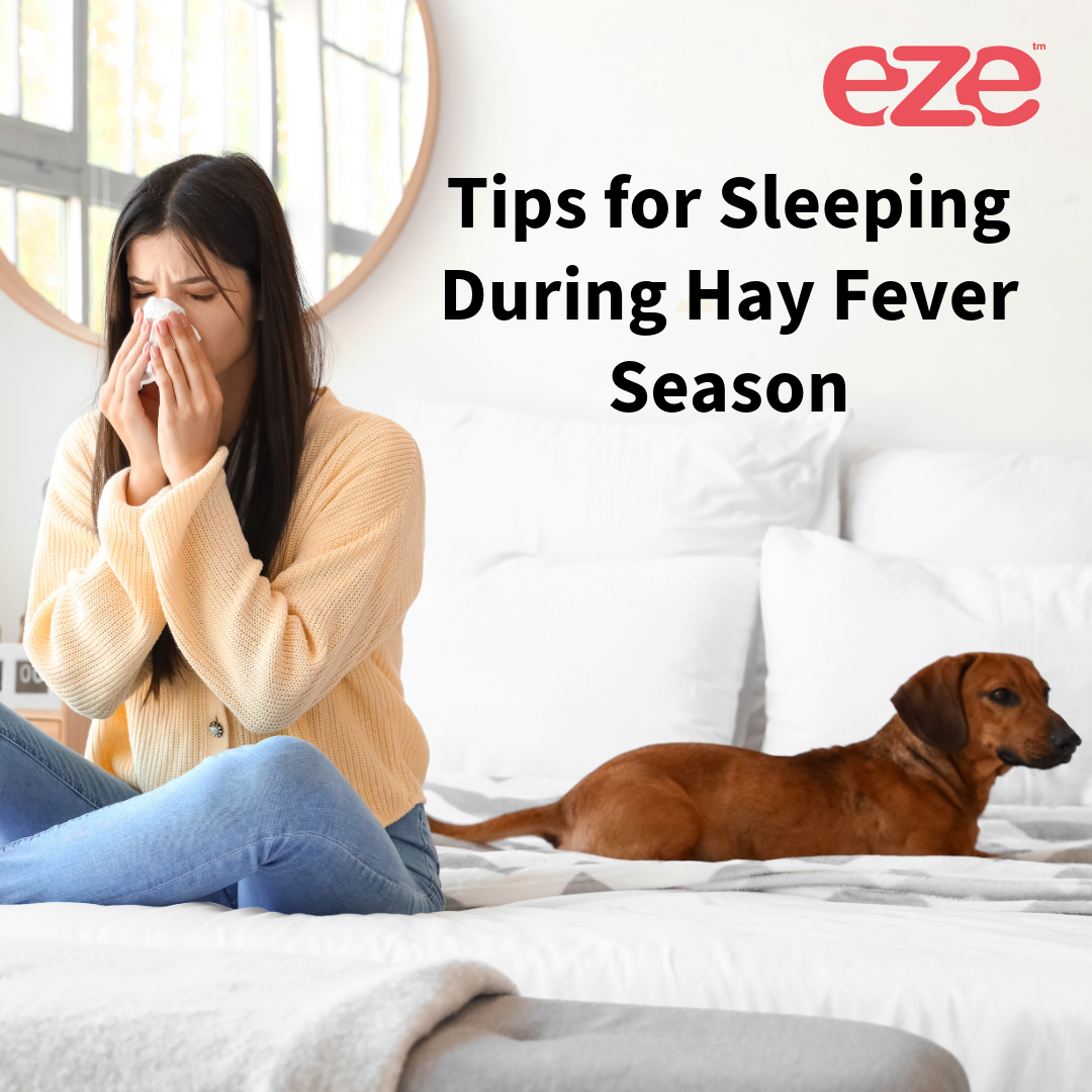 eze_hybrid_mattress_women_sneezing_on_bed_next_to_dog