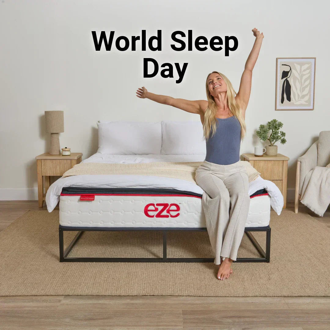 eze hybrid ultra mattress with female model stretching sat up on the bed with world sleep day overlay