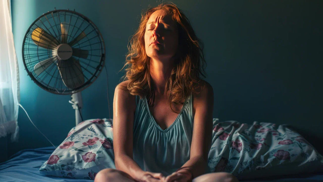 women in bed with fan on sat up feeling hot 