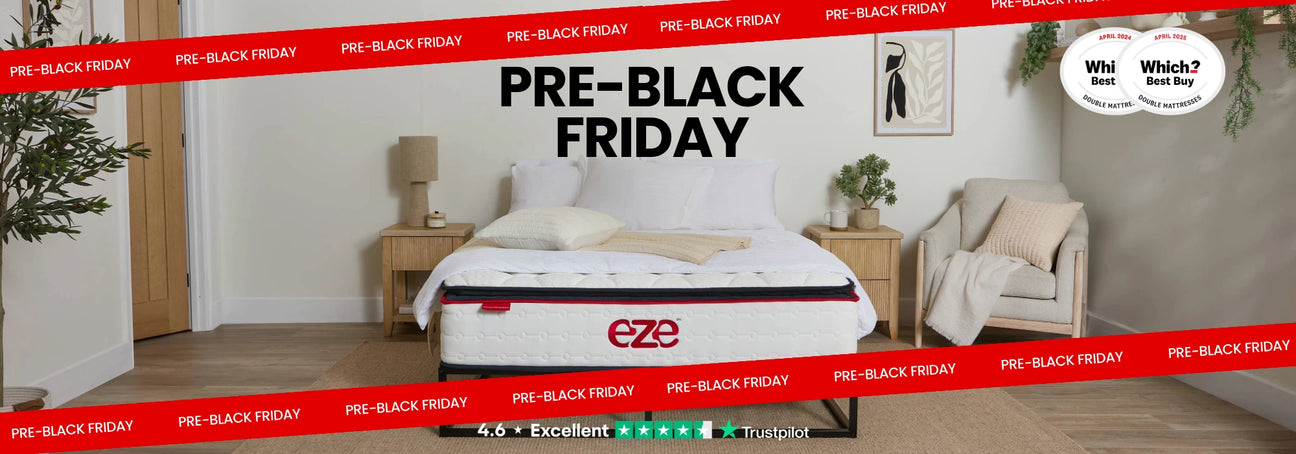Advertisement for Eze mattresses during Pre-Black Friday with a bedroom setting.