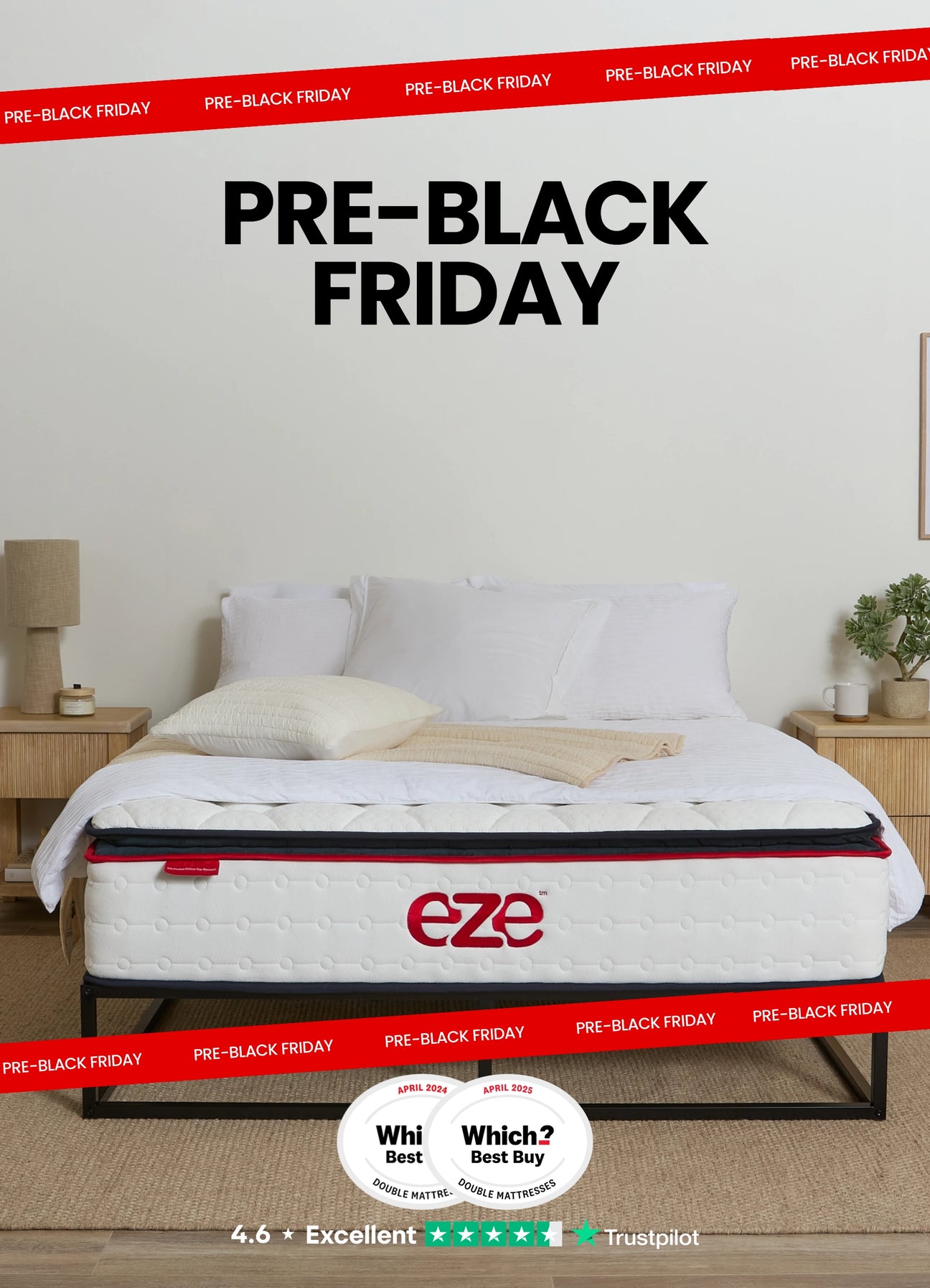 eze mattress in a bedroom setting with pre black friday overlay