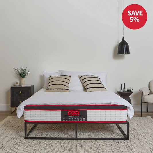 Mattress on a bed with a 'Save 5%' label in a bedroom setting