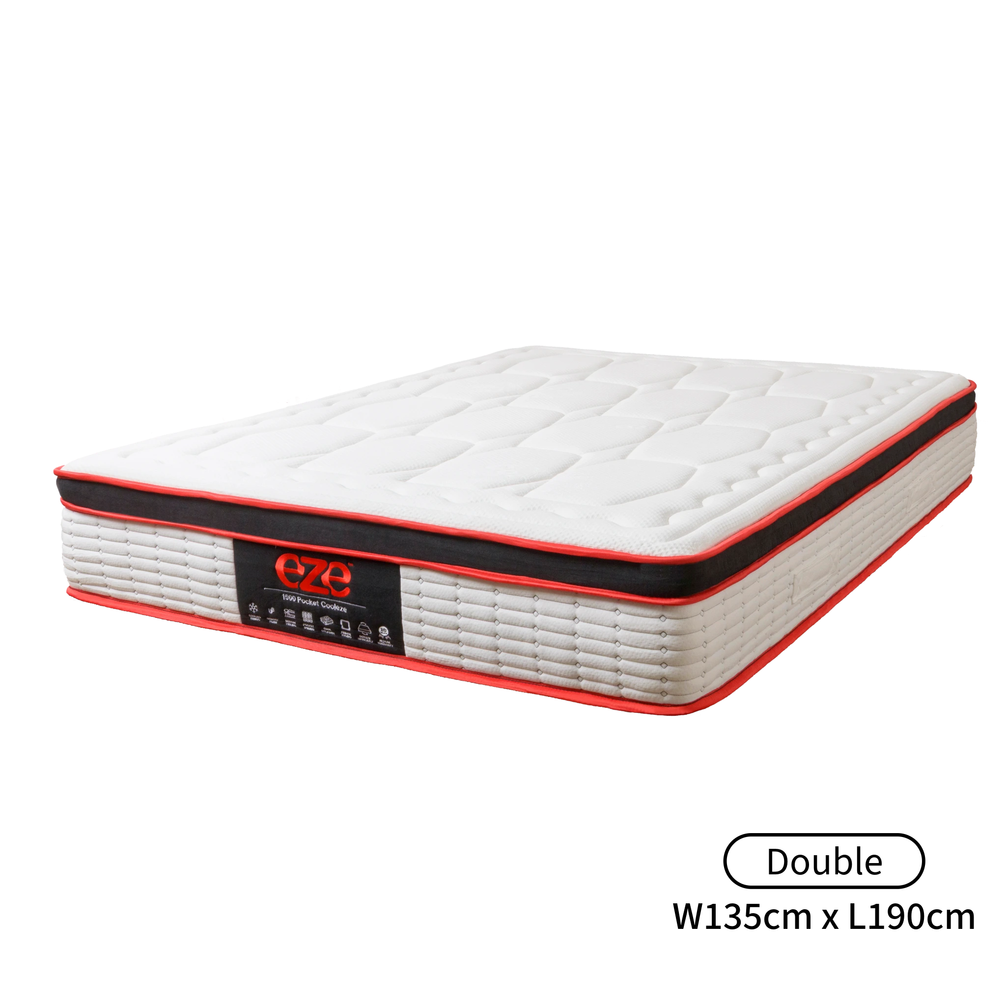 White mattress with red border and 'EZE' branding on a white background