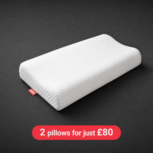 EZE COMFORT PILLOW ON BLACK BACKGROUND WITH BUY 2 FOR £80 OFFER 