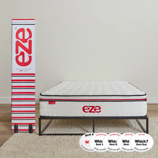Eze mattress with packaging and certification badges on a neutral background