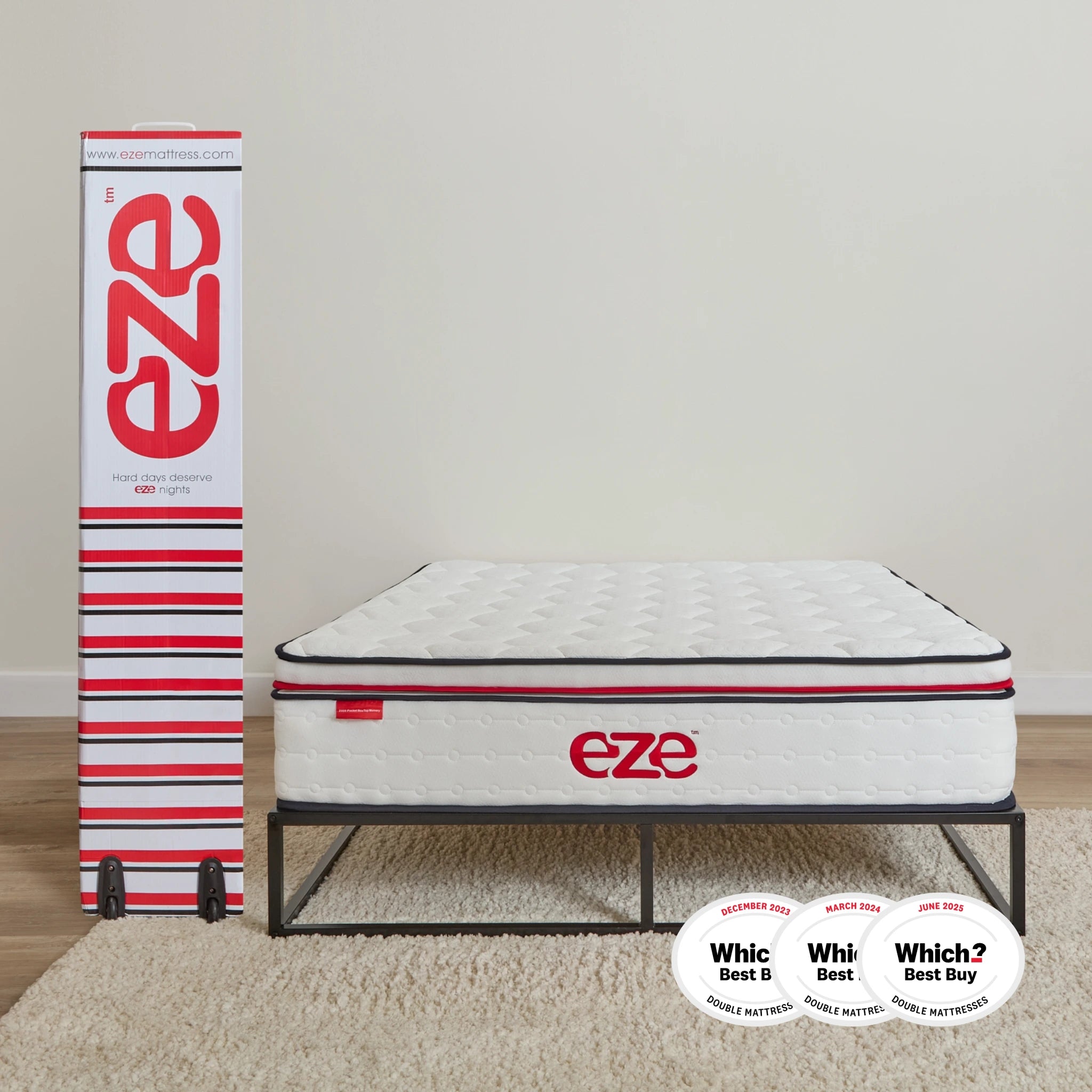 Eze mattress with packaging and certification badges on a neutral background
