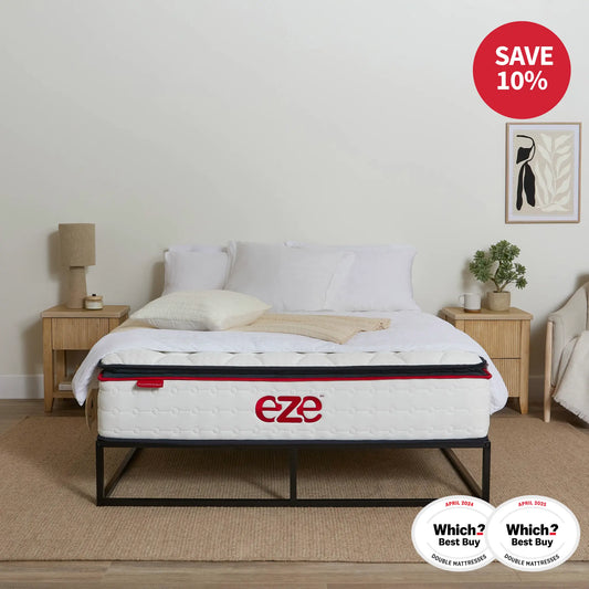 eze mattress in a bedroom setting with 'Save 10%' and 'Which? Best Buy' 
